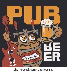 Banner for music beer pub with funny character and inscriptions. Vector illustration in a cartoon style with cheerful wooden barrel that holds a guitar and a full glass of beer