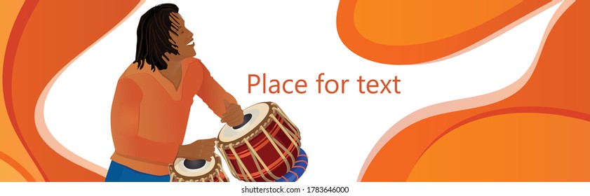 Banner Music Festival Dance Party, Flyer, Magazine Cover, Poster Template. Vector Illustration Of An African American Male Dancer And Drum Instrument Tambla On An Orange Background.