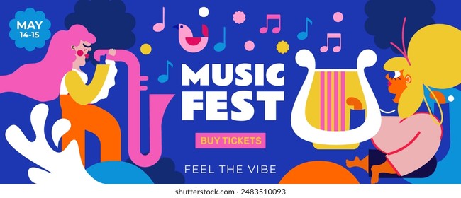 Banner Music Festival. Evening atmosphere, musical instruments, people playing and enjoying music.  Suitable for cultural events, jazz, outdoor festivals and much more