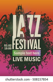 banner music poster with jazz festival an saxophone on grungy background
