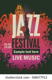 banner music poster with jazz festival an saxophone on grungy background