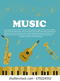 Banner with musical instruments piano, guitar, saxophone