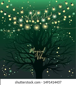 Banner with mysterious tree and lights in the night, poster for magical vibes, can be used as birthday party card, vector illustration