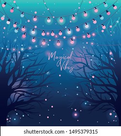 Banner with mysterious trees and holiday lights in the night, poster for magical vibes, can be used as christmas and new year party card, vector illustration