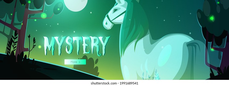 Banner of mystery with glowing horse ghost in dark forest at night. Vector header with cartoon fantasy illustration of horse spirit in park or garden with trees