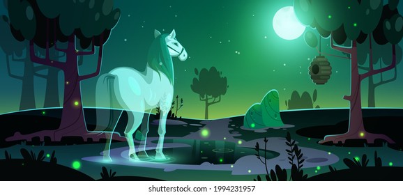 Banner of mystery with glowing horse ghost in dark forest at night. Vector poster with cartoon fantasy illustration of horse spirit in park or garden with trees and pond