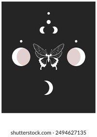 Banner Mystical moon phase and Butterfly, alchemy esoteric magic space, sacred wheel of the year, vector isolated on black background. Black poster with minimalistic style abstract trendy illustration