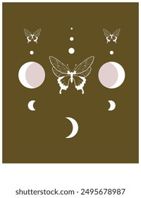 Banner Mystical moon phase and Butterfly, alchemy esoteric magic space, sacred wheel of the year, vector isolated on brown background. Black poster with minimalistic style abstract trendy illustration