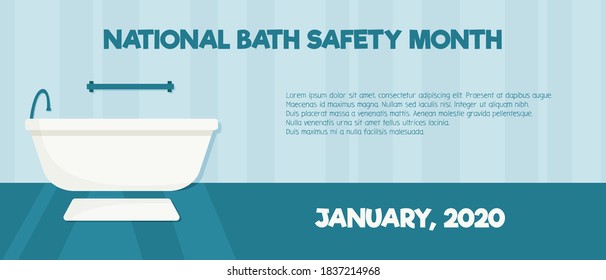 Banner for national bath safety month. Bathtub with grab bars and non slip mat. Safe interior for seniors and elderly people. Vector flat horizontal illustration with copy space