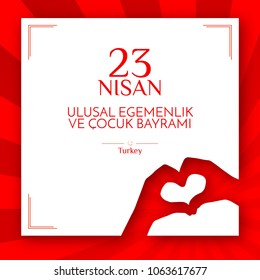 Banner National Children's Day in Turkey Children's hands in the shape of a heart on the red background of the national flag of Turkey A festive patriotic poster on Turkish republic holidays Vector