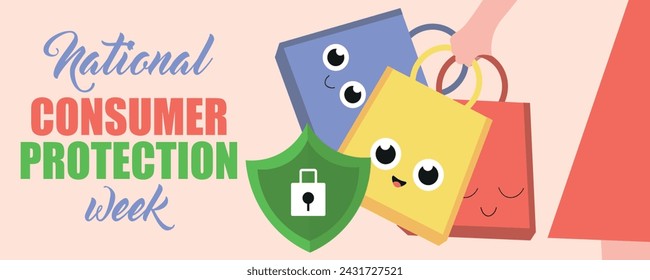 Banner for National Consumer Protection Week with cute shopping 