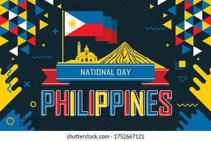 Banner for National independence day of Philippines. Abstract retro design with philippines flag colors & landmarks like mayon volcano & intramuros. 