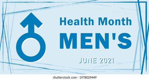 A banner for the national month of men's health with a symbol of masculinity and text, traditionally held annually in June, the concept of a healthy lifestyle