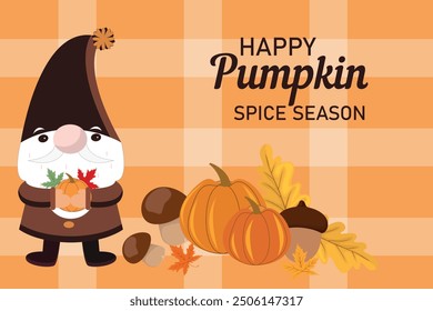 Banner for National Pumpkin Day. Pumpkins, mushrooms, acorns, autumn leaves with a cute gnome on a checkered orange background.