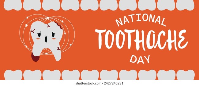 Banner for National Toothache Day with sad tooth with decay