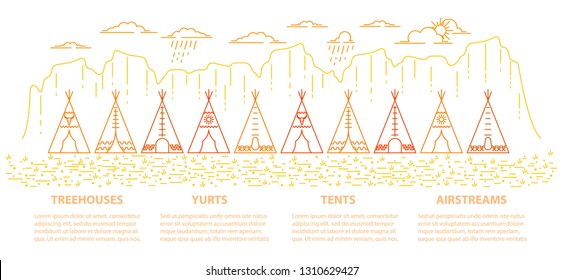 Banner with native indian tepee in linear style for glamping accommodation. Flat line style glamping travel panoramic template with text. Vector illustration.