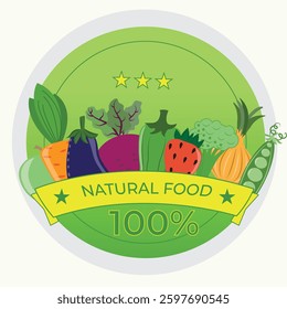 banner natural food 100% on green stamp, label, with yellow field for text, fresh vegetables, greens and stars