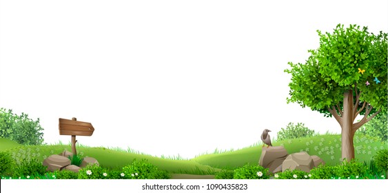 Banner with natural landscape. Fantasy style. Wood and hills. Illustration of a fairy tale. Vector