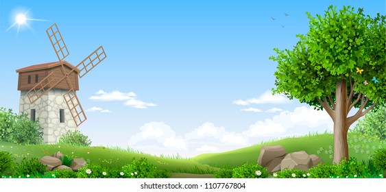 Banner with natural landscape. Fantasy style. Wood and hills. Illustration of a fairy tale. Vector