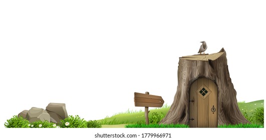 Banner with natural landscape. Fantasy style. Wood and hills. Illustration of a fairy tale. Vector