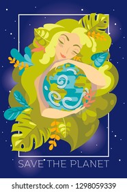 Banner with natural woman with green hair hugging our planet on starry background, can be used as greeting card for Earth Day or as banner for ecology organization, vector illustration 