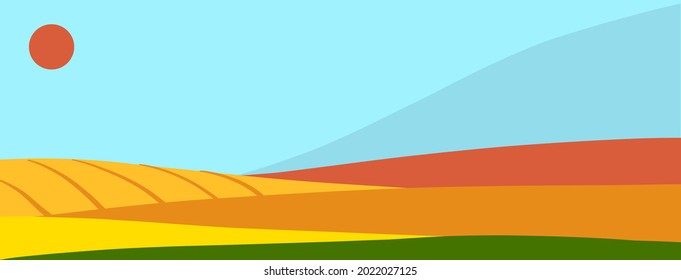 The banner. Nature, autumn fields with sky and sun. Simple flat style.