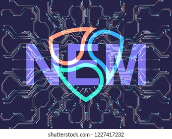 Banner nem and dark blue background . Stock illustration. Crypto currency symbol