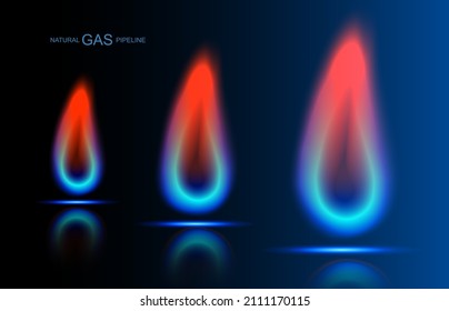 Banner with neon flame. Blue fire, symbol of pipeline gas. Gas northern stream. Gas concept for households and fossil fuel extraction. Vector illustration