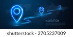 A banner with neon GPS coordinates. Neon map pins on a dark blue background. Vector EPS 10.