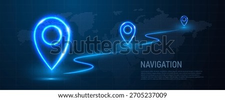 A banner with neon GPS coordinates. Neon map pins on a dark blue background. Vector EPS 10.