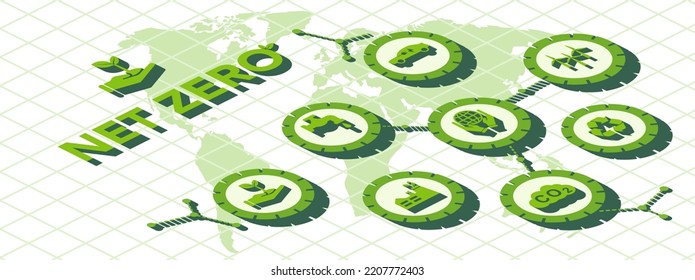 Banner Net Zero zero emissions concept by 2050 long-term strategy for net zero emissions target no toxic gas  3D view top view.  (vector illustration)