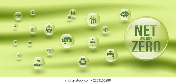 Banner Net Zero. El concepto de cero emisiones para 2050. Estrategia a largo plazo para un objetivo neto de cero emisiones, sin gases tóxicos (ilustración vectorial). Vector EPS 10