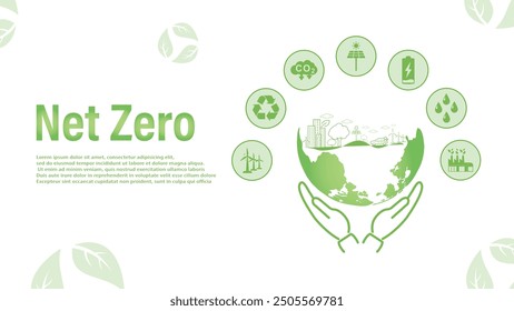 Banner Net Zero. Zero emissions concept by 2050. Long-term strategy for a net zero emissions target, no toxic gases (vector illustration).