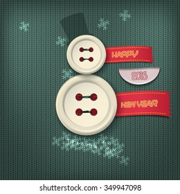 Banner for New 2016 Year. Knitted background, snowman made of buttons, ribbons and snowflakes. Vector illustration