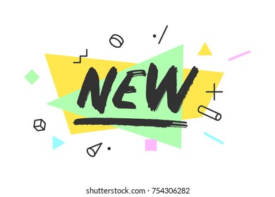 Banner New. Speech bubble, poster and sticker concept in memphis geometric style with text New. Icon message for banner, poster, web. Text New for Sale, Discount, business theme. Vector Illustration
