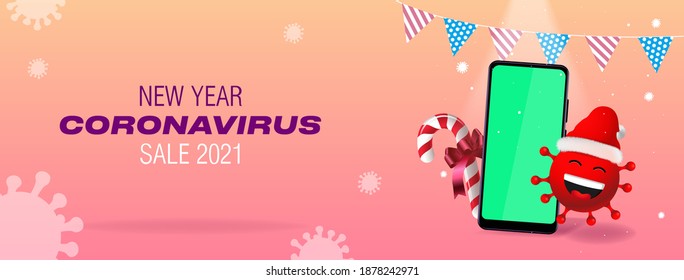Banner new year 2020 coronavirus. Mobile phone, lollipop bacteria in Santa Claus hat on a background of snow and covid-19 virus. Order home delivery through the online store. Safe shopping concept