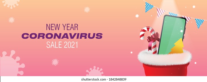 Banner New Year 2021 Coronavirus. Mobile Phone, Golden Christmas Tree And Candy Cane In Santa Claus Hat On A Background Of Snow And Covid-19 Bacteria. Order Home Delivery Through The Online Store