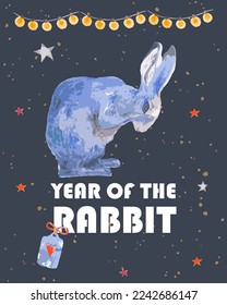 Banner of New Year 2023 symbol, year of the rabbit. Modern colorful art design for branding covers, cards, posters, banners. Trendy blue rabbit design on black background.