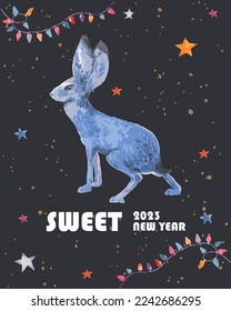 Banner of New Year 2023 symbol, year of the rabbit. Modern art design for branding covers, cards, posters, banners. Trendy blue rabbit, bright stars and colorful garlands on black background.