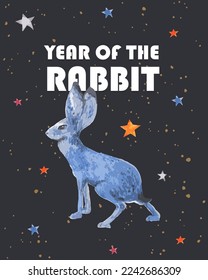 Banner of New Year 2023 symbol, year of the rabbit. Modern art design for branding covers, cards, posters, banners. Trendy blue rabbit and bright stars on black background.