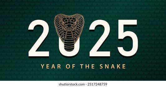 Banner for New Year or Christmas celebrating Year of the Snake. Greeting card with 2025 text and golden linear head of King Cobra snake (Chinese horoscope sign) on green background with scales pattern