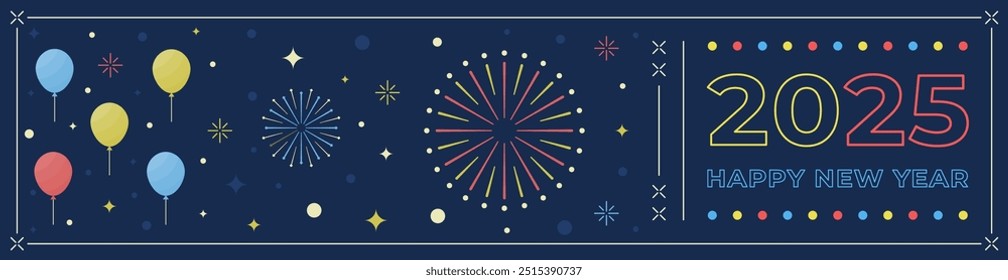 Banner for the new year decorated with balloons, fireworks, and other elements. Vector illustration.	