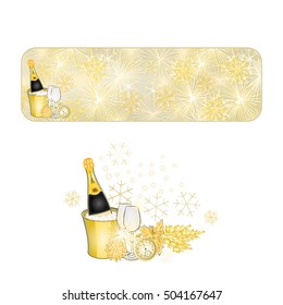 Banner  New Year fireworks and midnight toast gold background  vector illustration