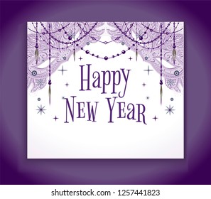 Banner for new year party. White postcard with violet carnival mask and beads and text: "Happy New Year."