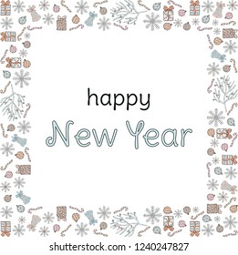 Banner for the New Year. A square frame of doodles. Snowflakes, gifts, bells, Christmas balls, Christmas tree branches with balls on a white background. Vector.