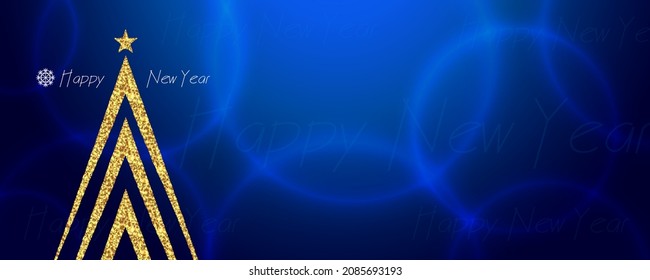 Banner for the New Year with a stylized golden Christmas tree on a blue background. Mockup for your text