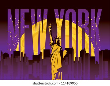 banner with of New York City, Statue of Liberty at night under the moon