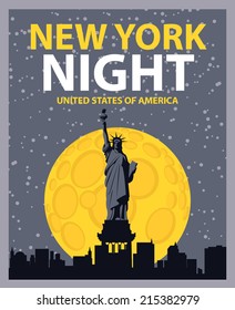 banner with of New York City, Statue of Liberty at night under the moon