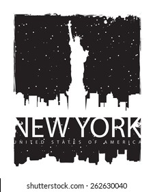 banner with of New York City, Statue of Liberty at night