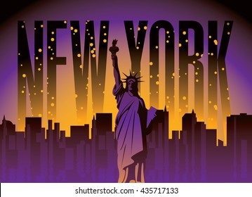 banner with of New York City, Statue of Liberty at night star sky